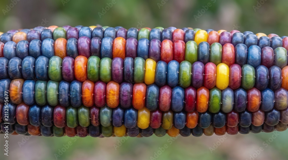 Obraz premium Extreme macro photography of a colorful heirloom glass gem corn on the cob showing vibrant translucent kernels