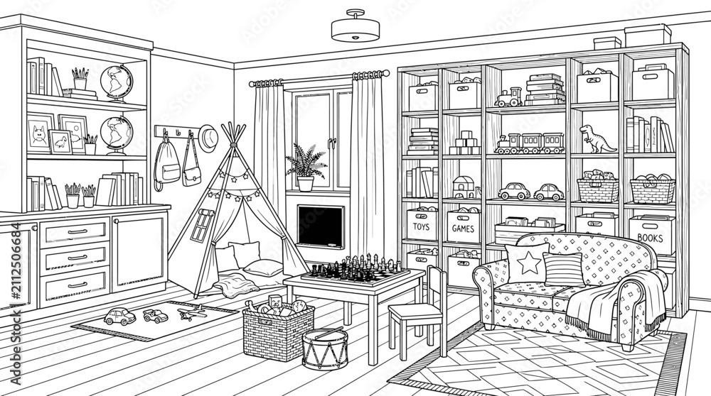 Fototapeta premium Cozy and inviting childrens playroom with a teepee and various toys.