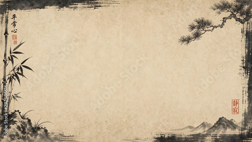 Japanese Vintage Scroll Paper Black Ink Landscape Frame Background Invitation Graphic
