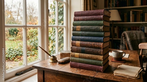 Tall stack of worn vintage hardcover books on a rustic wooden desk beside bright cottage windows, with quill, coffee cup and library shelves creating a warm scholarly reading nook