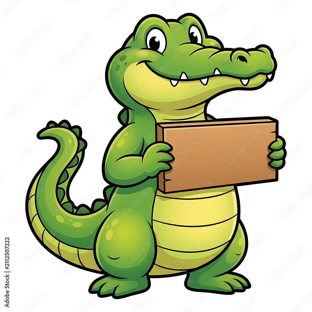 Obraz premium Cute Cartoon Crocodile Holding Blank Sign Vector Illustration with Happy Smiling Reptile Character Isolated on White Background for Kids Education Zoo and Jungle Design