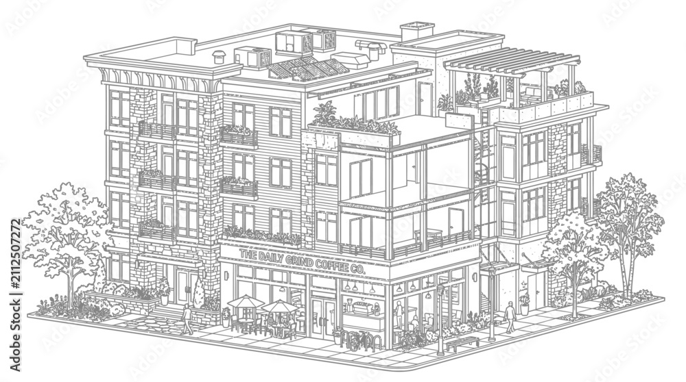 Obraz premium Detailed architectural line drawing of a modern mixed-use building.