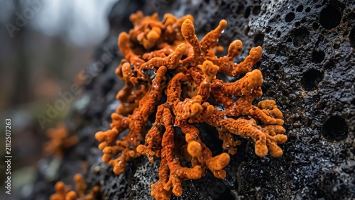 Vibrant orange coral fungus growing on a wet dark volcanic rock in the Lastiver gorge of Armenia