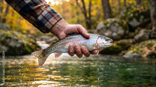 Man holding a freshly caught fish outdoors, recreational fishing, outdoor adventure, healthy food, nature lifestyle.