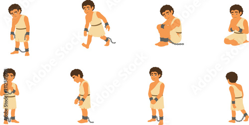 Canvastavla Ancient sad slave man character pose set with prisoner in metal shackles and cha