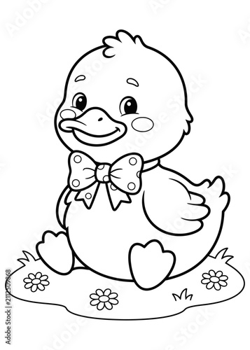 Baby Duck Wearing Bow Coloring Page, Cute Cartoon Duck Outline, Printable Black and White Bird Coloring Sheet for Kids