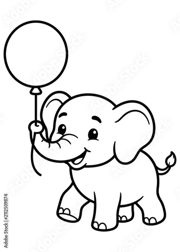 Baby Elephant Holding Balloon Coloring Page, Cute Cartoon Elephant Outline, Printable Black and White Animal Coloring Sheet for Kids