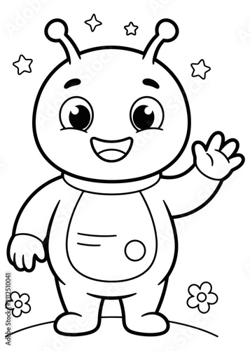 Cute Alien Smiling Waving Coloring Page, Cartoon Alien Outline, Printable Black and White Space Character Coloring Sheet for Kids