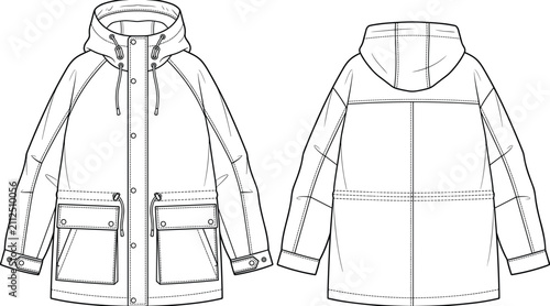 Fotografie Fashion flat sketch of a casual hooded parka jacket with drawstring waist vector