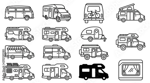 RV Camper Van Icons Set - Camping Vehicle Line Art Collection