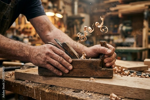 Carpenter hands using a blank hand plane on timber with wood shavings. Cinematic haze and blurred workshop background for craftsmanship themes.