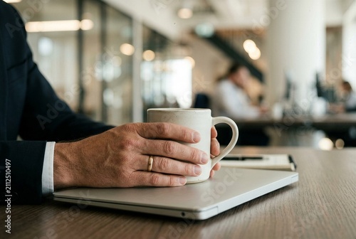 Professional hands holding a plain coffee mug on a closed laptop. Cinematic haze and soft office bokeh for Labor Day relaxation concepts.