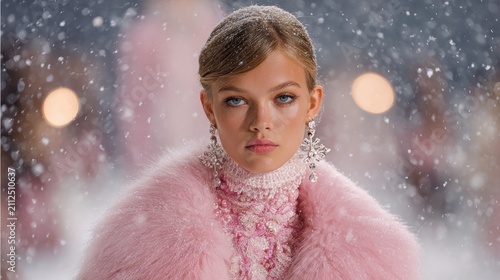 Elegant young woman in pink coat with snowfall background portrait