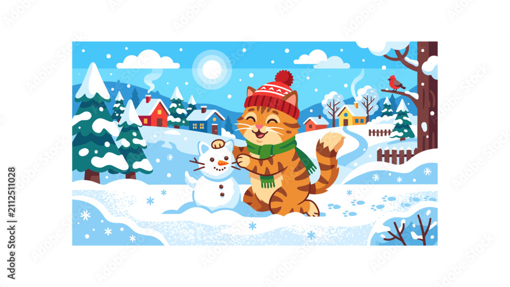 Fototapeta premium Cute ginger cat building a snowman in winter landscape, cartoon kitten in hat and scarf playing in snow, festive holiday vector illustration