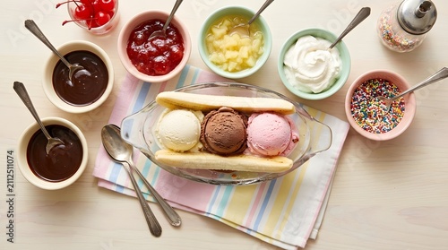 Banana split ice cream sundae with toppings, classic dessert with scoops and sauces, perfect for National Banana Split Day