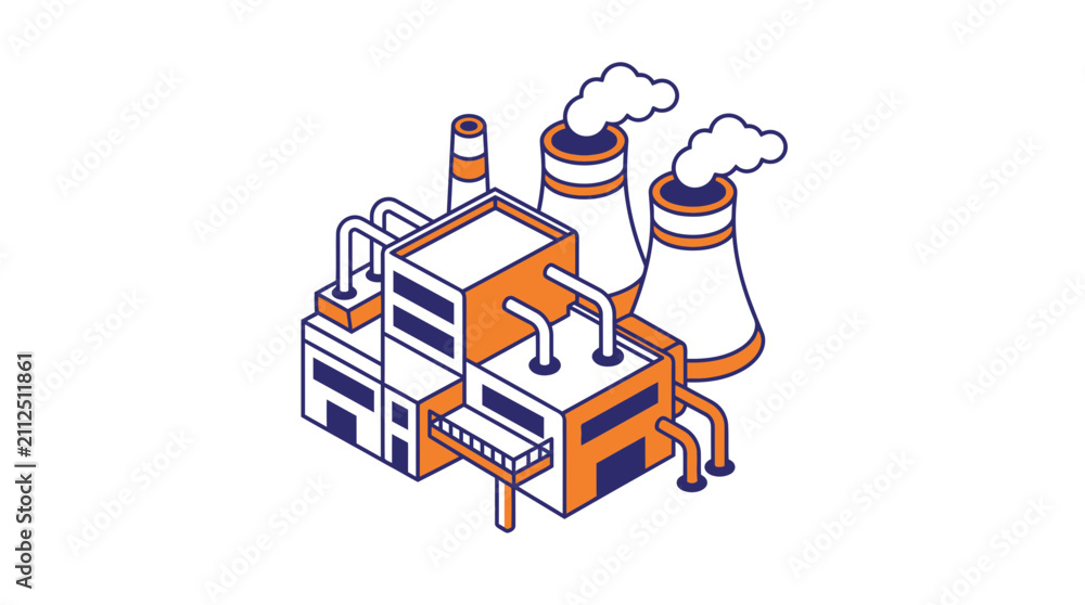 Naklejka premium Isometric Factory Building with Smoke Stacks and Pipes, Industrial Production