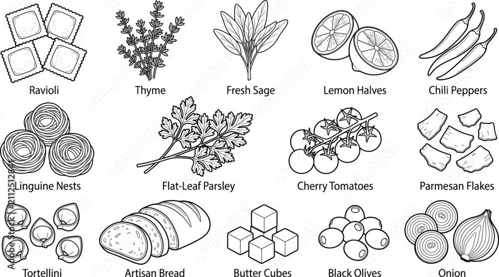 Fototapeta premium Hand Drawn Italian Cooking Ingredients Collection with Pasta Herbs Bread Vegetables and Culinary Food Outline Illustrations