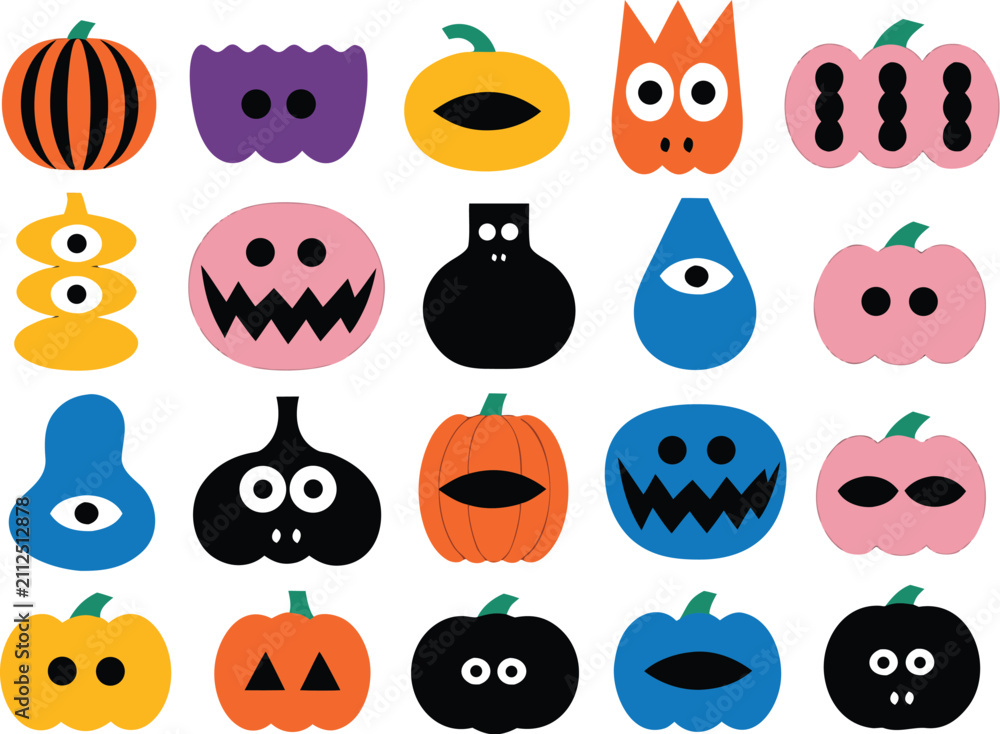 Fototapeta premium Halloween pumpkins and spooky faces in a colorful flat design