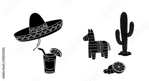 Obraz na płótnie Mexican fiesta symbols with collection black white illustrations including sombr