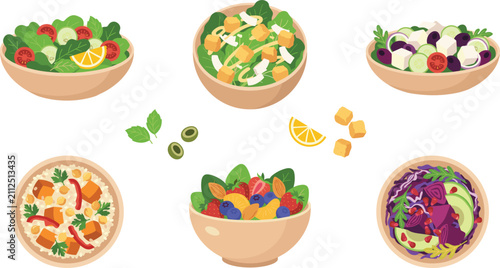 Fresh healthy salad bowls vector icon set with caesar, greek, fruit, and vegan mix options for restaurant menus, weight loss tracking apps, and diet plans