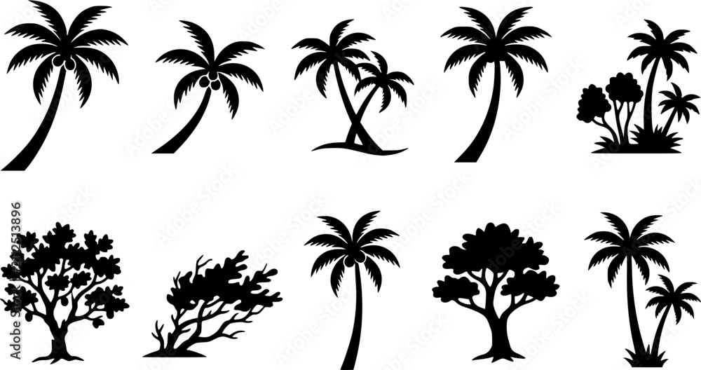 Fototapeta premium Coconut & Beach Tree silhouette icon set, flat black glyph style, pure white background