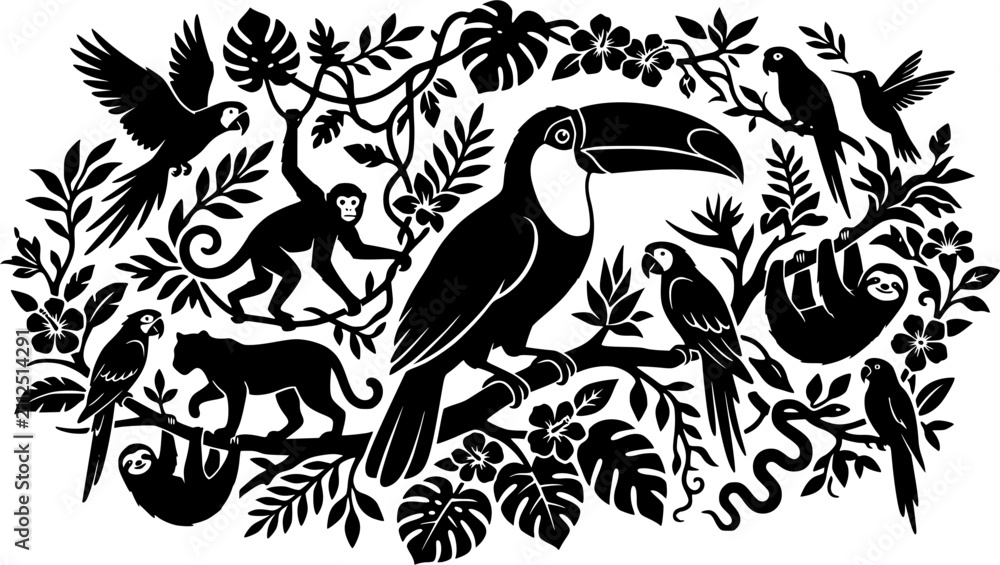 Obraz premium Toucan & Exotic Wildlife silhouette icon set, flat black glyph style, pure white background