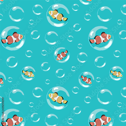 Fish in bubbles on a colored background.Colored vector pattern with colorful fish in water bubbles.