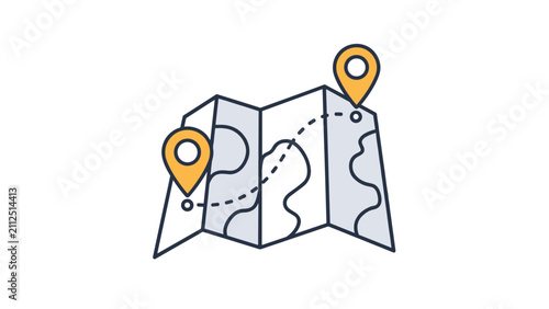 Folded paper travel map with dashed route line and yellow location pins vector illustration for tourist navigation.