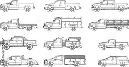Hand Drawn Pickup Truck Collection Vector Set with Commercial Utility Vehicle Line Art Illustrations