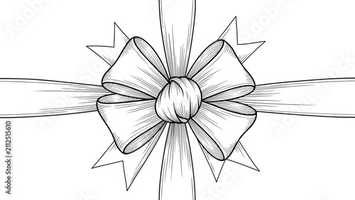 Vintage style detailed engraving illustration of a beautiful tied ribbon gift bow, isolated on a solid white background.