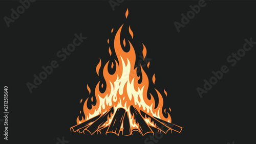 Cozy campfire blazing on stacked wooden logs, illustrated in bright orange and yellow colors on dark background.