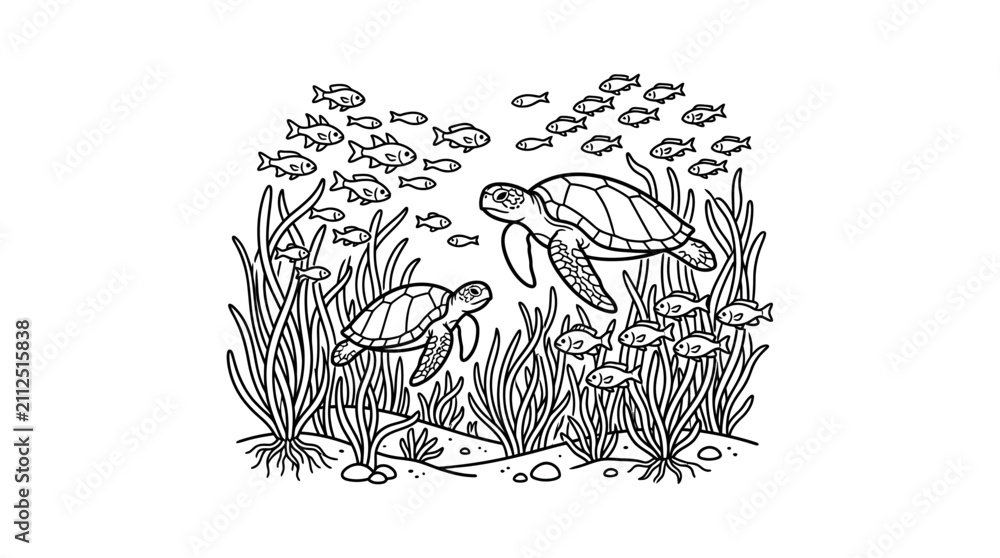 Obraz premium Sleek Black and White of Sea Turtles Nestled Amongst Schooling Fish and Aquatic Plants with high quality professional line art symbols for modern creative design and digital branding projects
