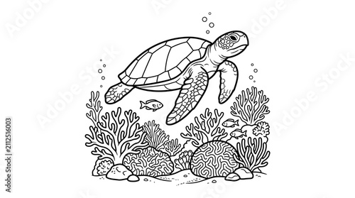 Elegant Black and White Line Drawing of Sea Turtle Swimming Among Coral and Marine Life in Underwater Scene