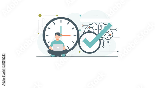 Student sitting with a laptop under a giant clock representing effective time management and brain productivity.