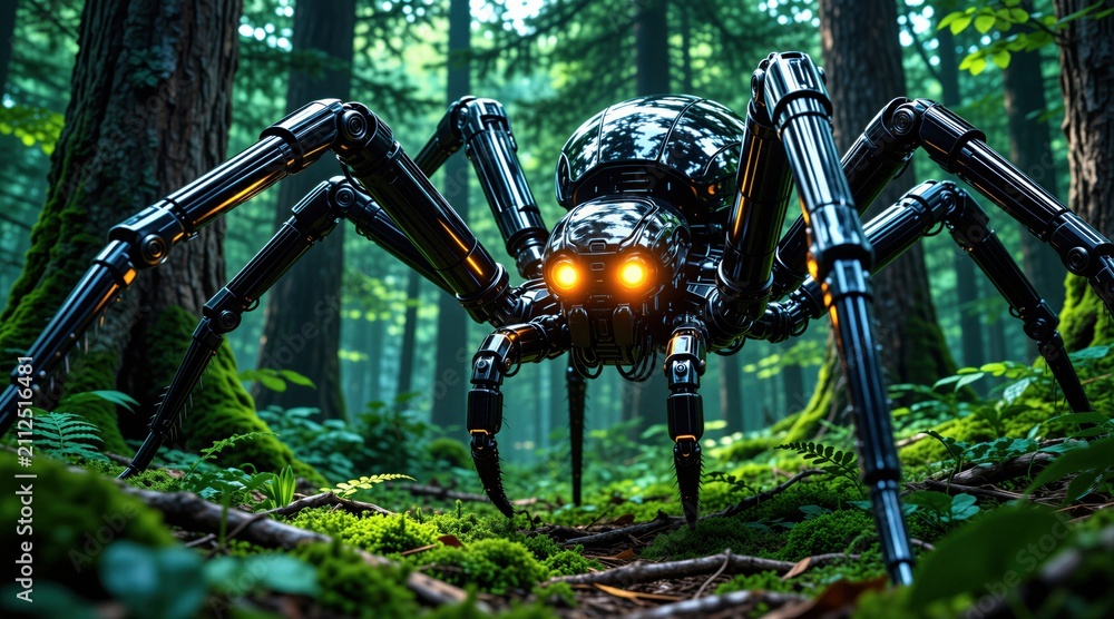 Fototapeta premium Mechanical spider robot with glowing eyes moves through green forest. Detailed robotic creature walks on mossy ground with trees in background. Futuristic arachnid with illuminated eyes in woodland.
