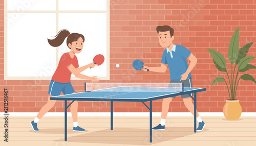 Active young couple playing a friendly match of table tennis indoors next to a large window and a potted houseplant.