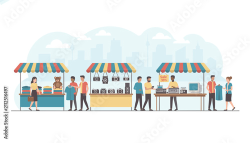 Street market stalls with vendors selling various second hand items like clothes, cameras, and vintage electronics.