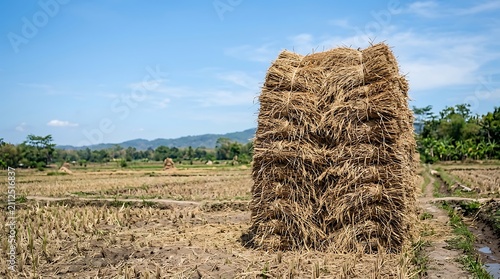 Traditional haystack in a harvested rural field under a clear sky