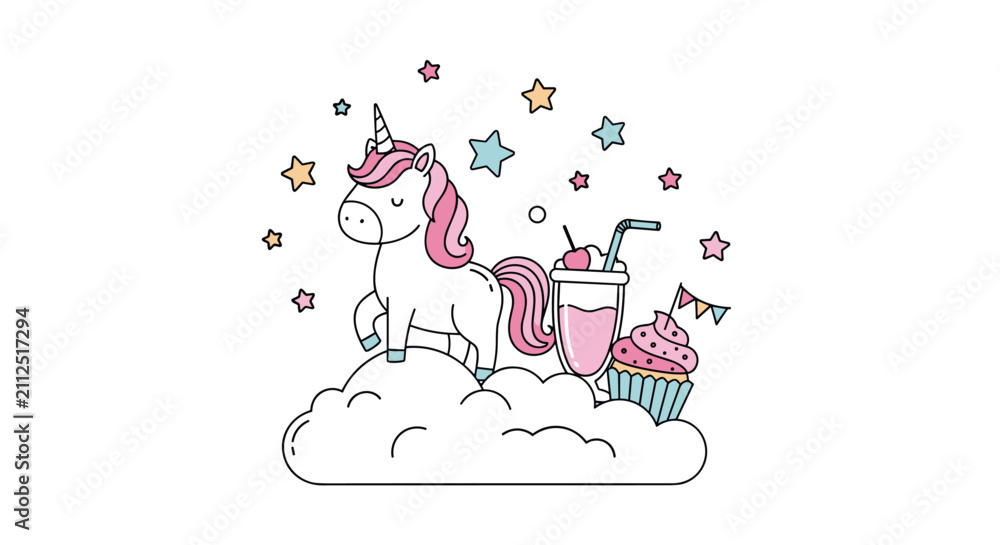 Obraz premium Whimsical unicorn standing on a soft cloud with a pink milkshake and a cupcake under a canopy of colorful stars and magic.