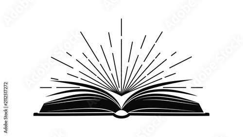 Open book with bright light rays shining from pages symbolizes knowledge, wisdom, learning, education, and inspiration.