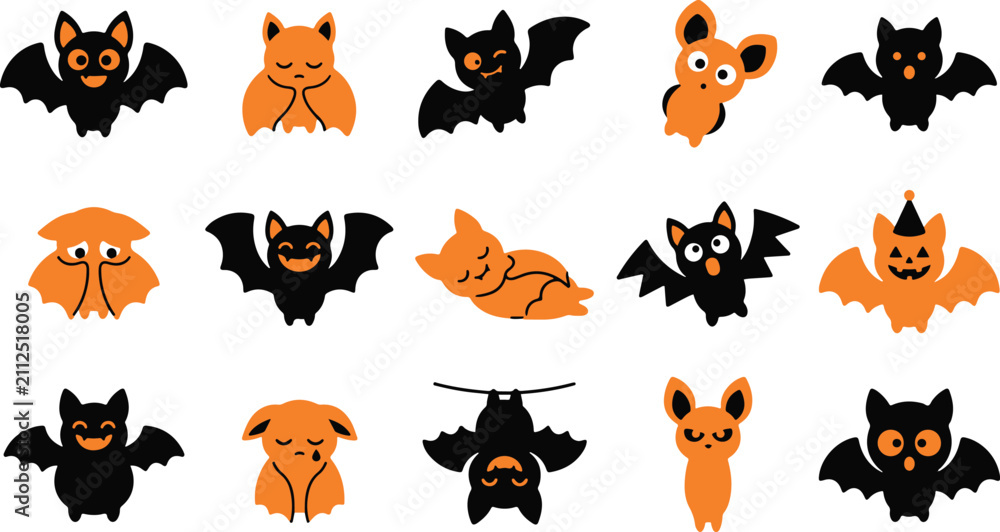 Fototapeta premium Set of cute hand drawn halloween bat stickers in black and orange colors for festive holiday party decoration