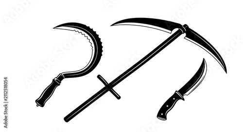 Quadro su tela Black and white illustration of three weapons with weapons including scythe scyt