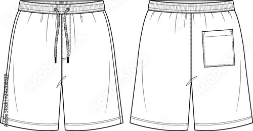 Quadro su tela Fashion flat sketch of casual drawstring swim shorts with back patch pocket vect