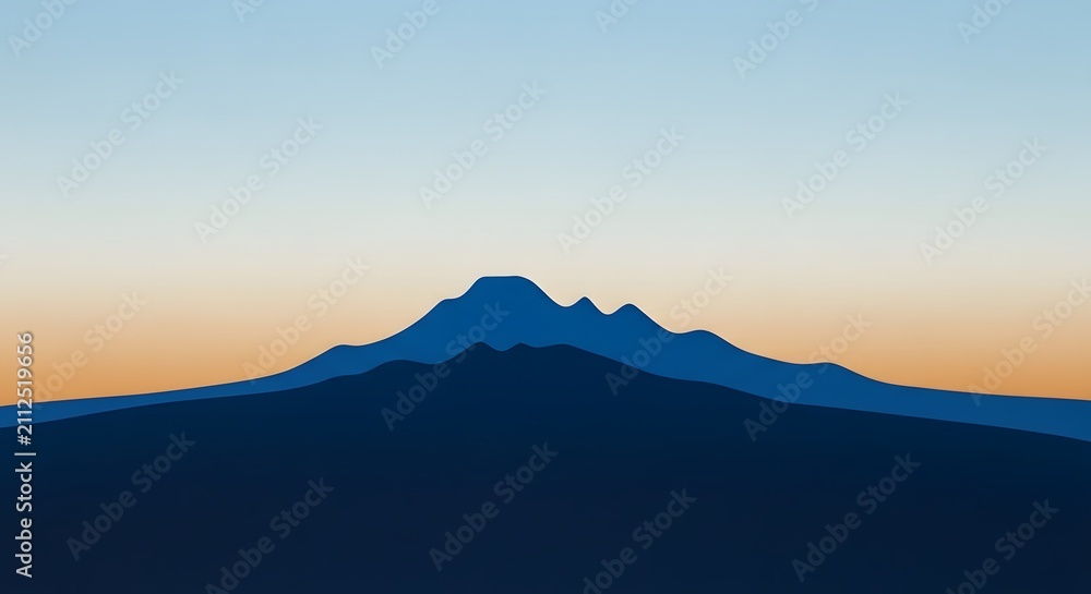 Fototapeta premium Distant mountain range silhouette during twilight with gradient sky and serene blue hues