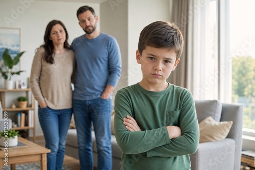 a young boy brooding and sulking with his concerned parents in the back