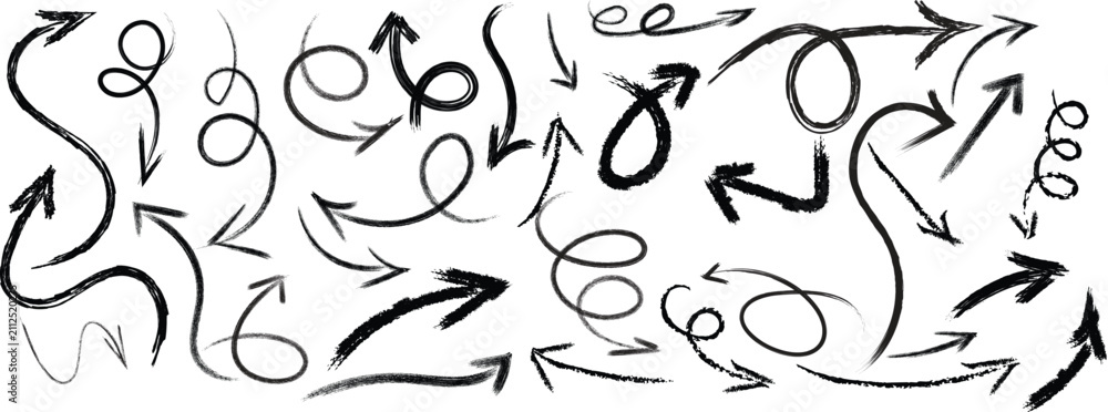 Obraz premium Black ink brush stroke swirls and arrows, seamless pattern brush strokes