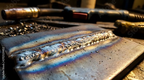 Close-up of molten metal welding bead with fusion lines. High-precision arc welding process creating strong industrial joints.