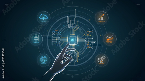 Human hand touching digital artificial intelligence chip with data technology icons on dark background
