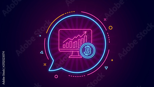 Neon bitcoin growth chart on computer screen inside speech bubble