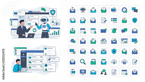 Business Data Analysis Vector Illustration with Professional Software Icon Set